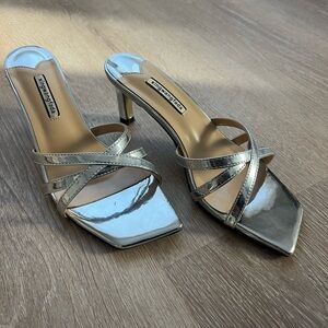 Silver Shiny Silver Strappy Mule Heels with Square Toe Low Heel